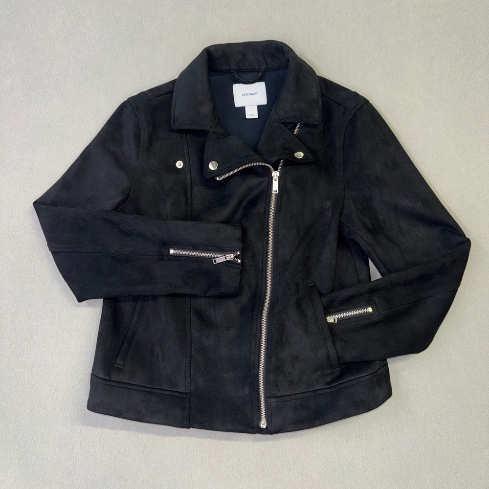 Old Navy Womens Black Faux Suede Moto Jacket Asymmetrical Zip Size S
